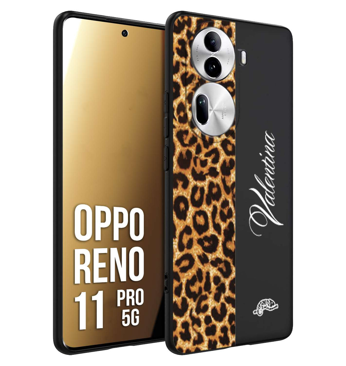 CUSTOMIZZA - Custodia cover nera morbida in tpu compatibile per Oppo Reno 11 PRO 5G custom nome scritta leopardato maculato donna marrone leopard