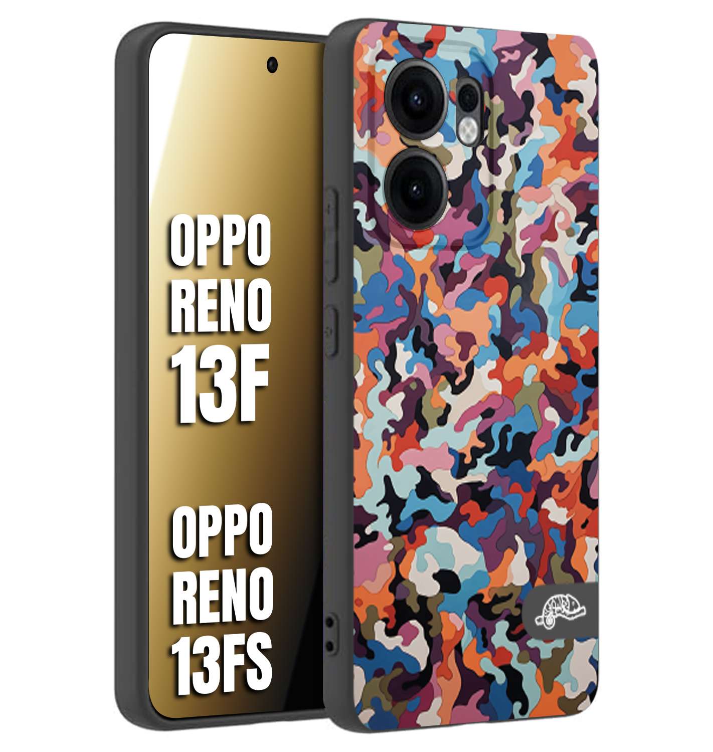 CUSTOMIZZA - Custodia cover nera morbida in tpu compatibile per Oppo Reno 13 F camouflage mimetico militare moderno blu arancio rosa