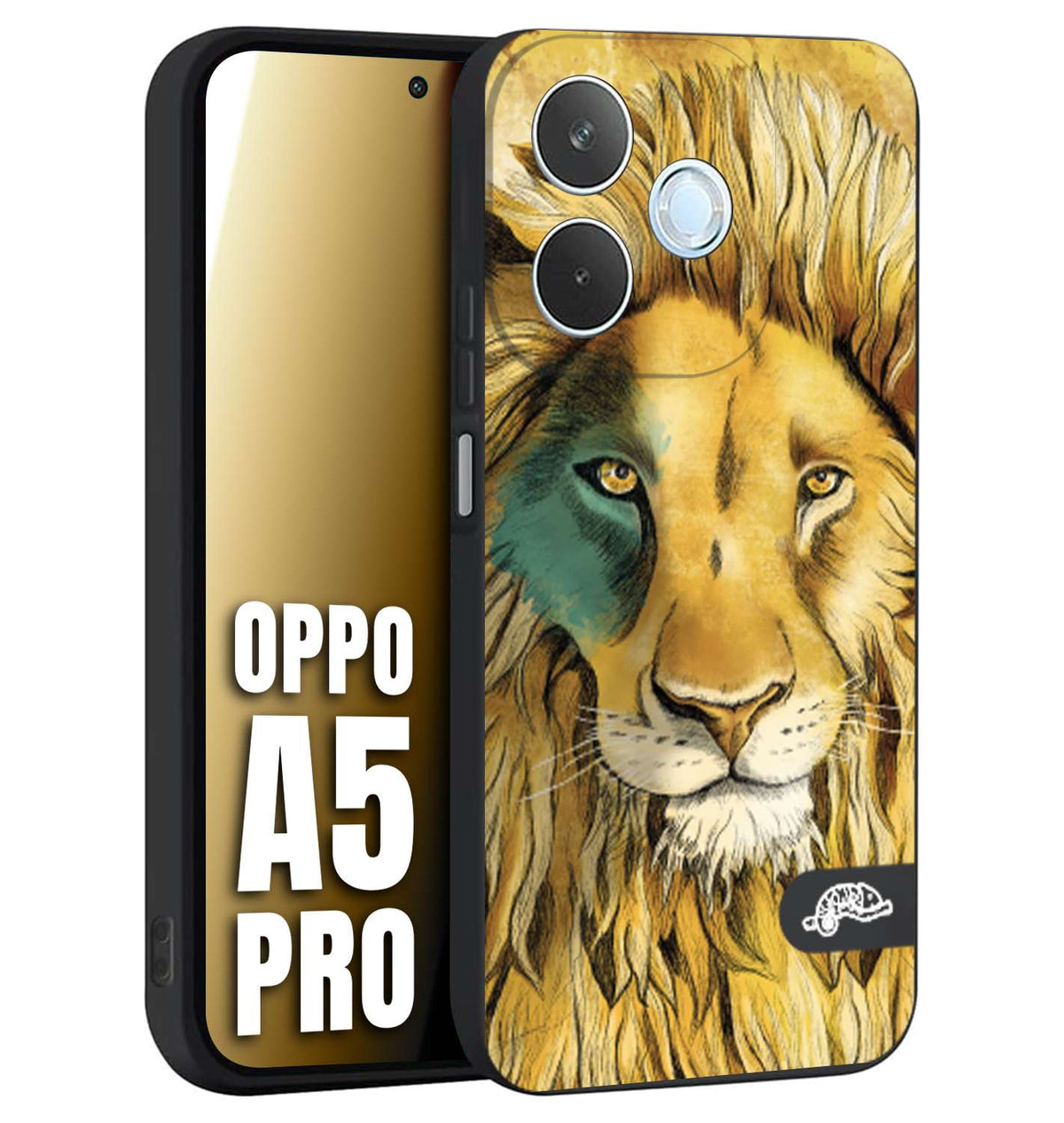 CUSTOMIZZA - Custodia cover nera morbida in tpu compatibile per Oppo A5 PRO leone lion disegnato a mano giallo blu a rilievo artistico brown