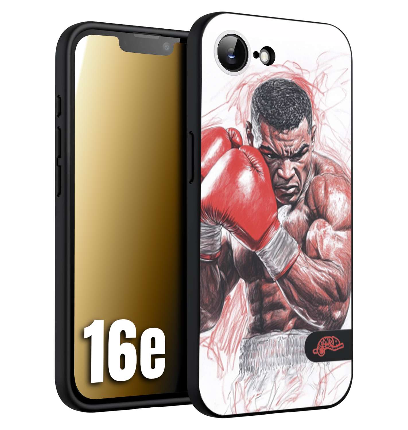 CUSTOMIZZA - Custodia cover nera morbida in tpu compatibile per iPhone 16E pugilato pugili disegno tattoo guantoni boxer pesi massimi iron mike