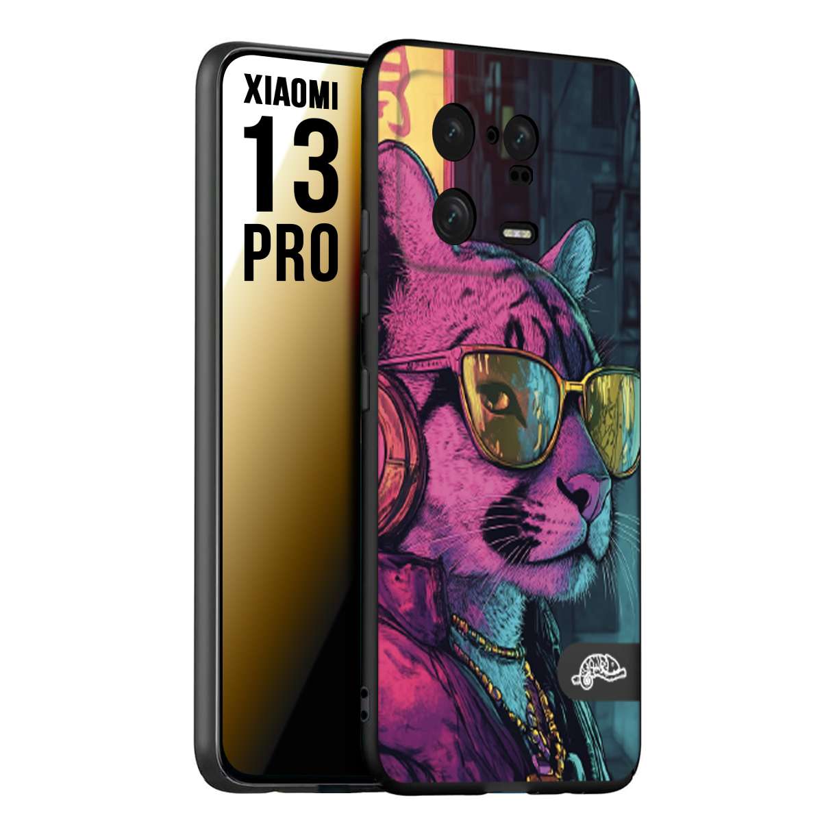 CUSTOMIZZA - Custodia cover nera morbida in tpu compatibile per Xiaomi 13 PRO animali cyberpunk pantera street cat fucsia blu giallo
