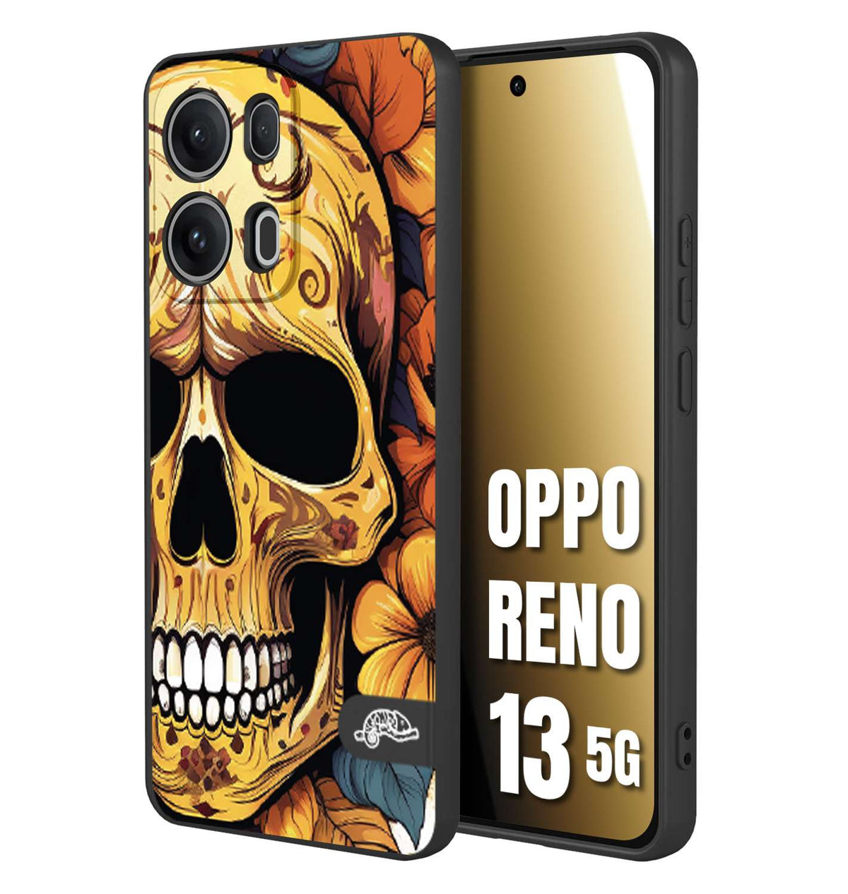 CUSTOMIZZA - Custodia cover nera morbida in tpu compatibile per Oppo Reno 13 5G teschio messicano colorato dorato fiori autunnali disegnato