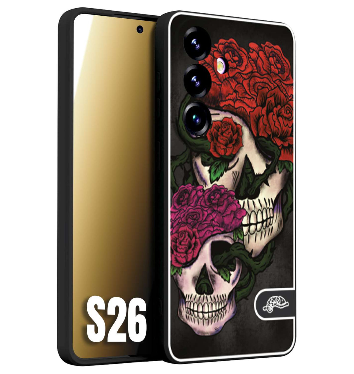 CUSTOMIZZA - Custodia cover nera morbida in tpu compatibile per Samsung S26 teschi e rose rosse fucsia skull and roses