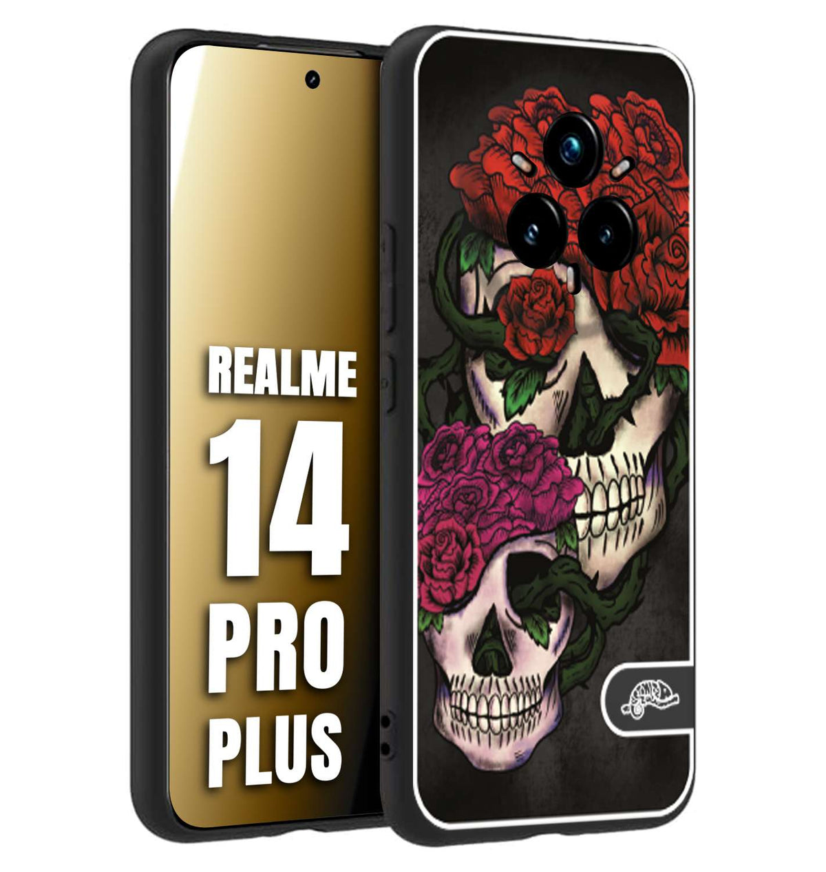 CUSTOMIZZA - Custodia cover nera morbida in tpu compatibile per Realme 14 PRO PLUS teschi e rose rosse fucsia skull and roses