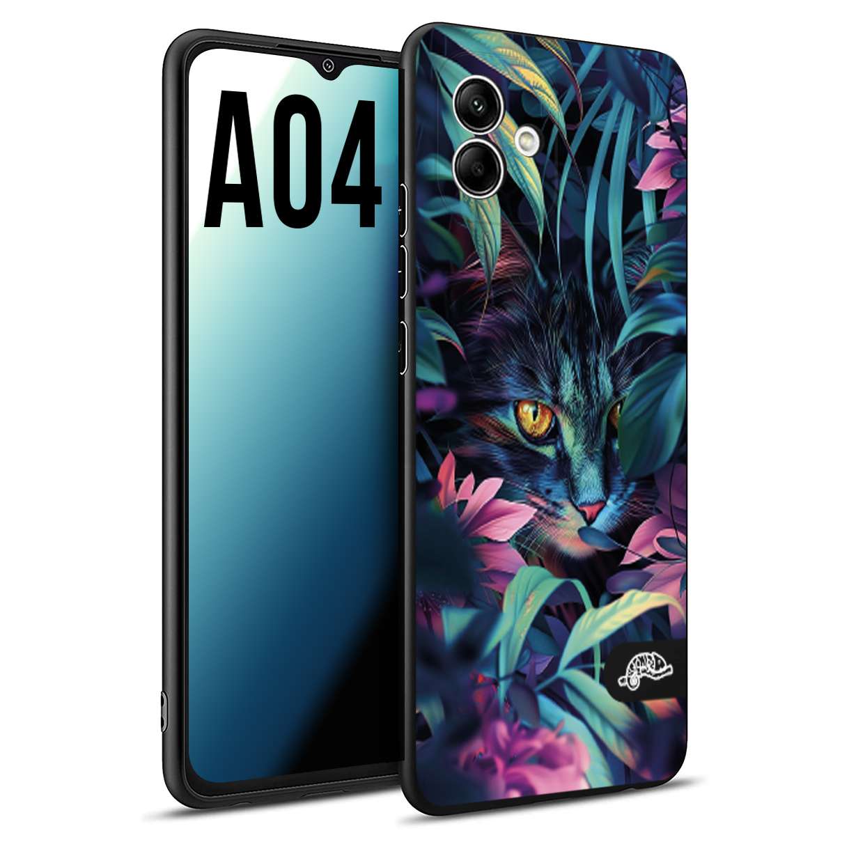 CUSTOMIZZA - Custodia cover nera morbida in tpu compatibile per Samsung A04 animali color giungla tropicale occhio di gatto colori vibranti disegnato