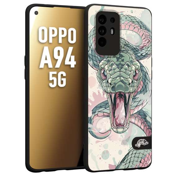 CUSTOMIZZA - Custodia cover nera morbida in tpu compatibile per Oppo A94 5G snake pink green serpente tatuaggio tattoo disegnato a mano