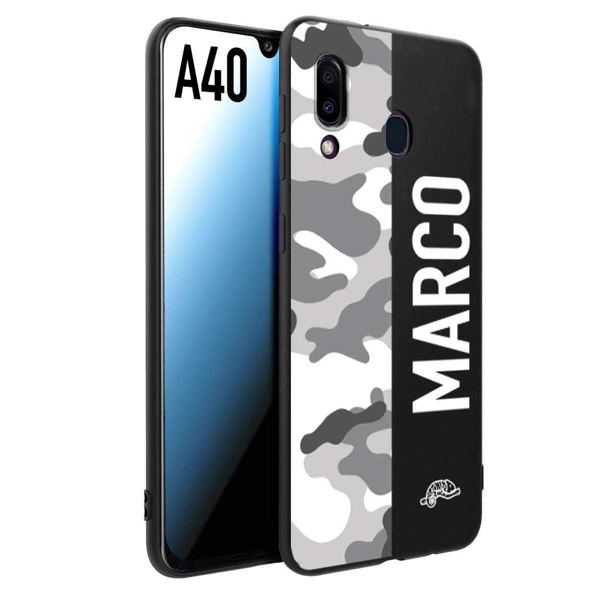 CUSTOMIZZA - Custodia cover nera morbida in tpu compatibile per Samsung A40 camouflage mimetico militare personalizzata nome bianco