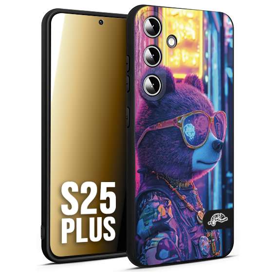 CUSTOMIZZA - Custodia cover nera morbida in tpu compatibile per Samsung S25 PLUS animali cyberpunk orsetto orso street bear fucsia blu night