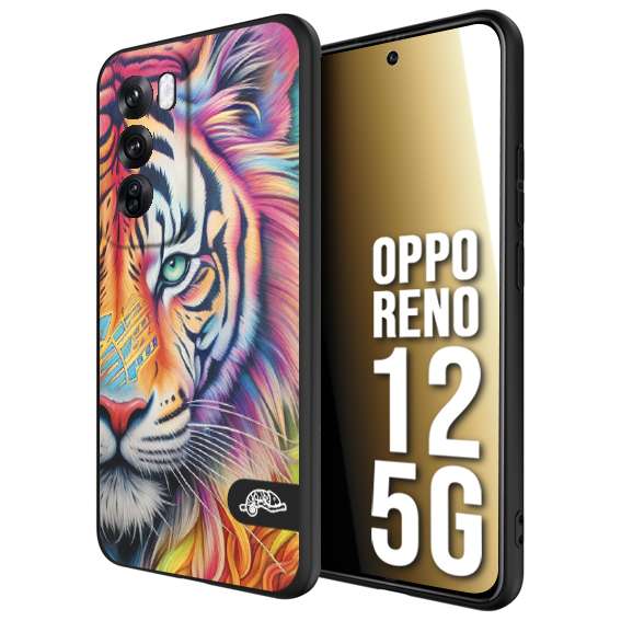 CUSTOMIZZA - Custodia cover nera morbida in tpu compatibile per Oppo Reno 12 5G animali color tigre tiger viso colori vibranti disegnato schizzo
