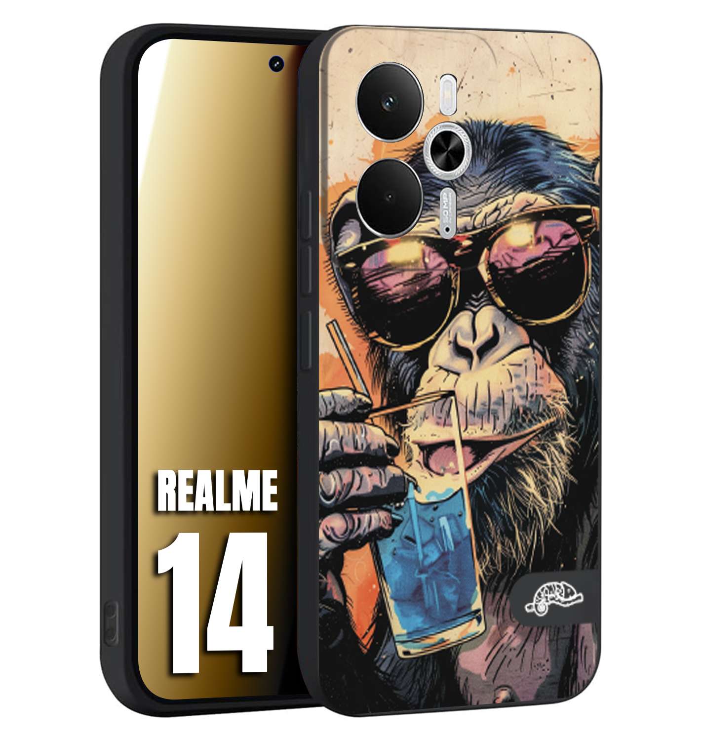 CUSTOMIZZA - Custodia cover nera morbida in tpu compatibile per Realme 14 5G estate disegnata cocktails animali simpatici scimmia monkey negroni