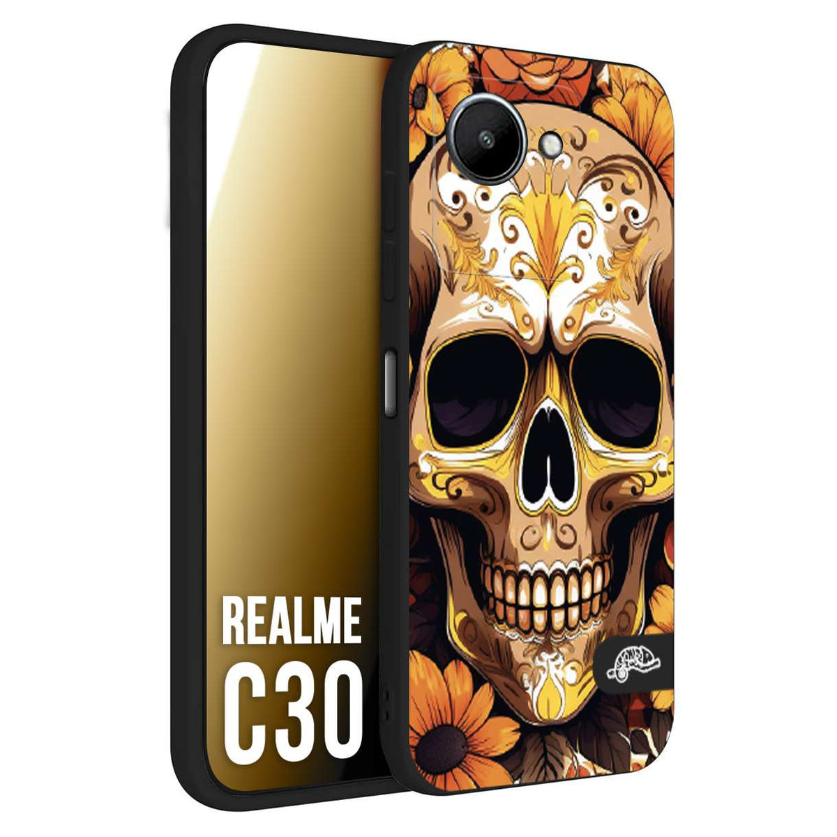 CUSTOMIZZA - Custodia cover nera morbida in tpu compatibile per Realme C30 teschio messicano colorato dorato fiori tattoo disegnato