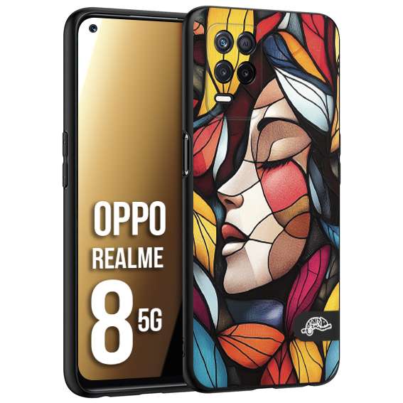 CUSTOMIZZA - Custodia cover nera morbida in tpu compatibile per Realme 8 5G Vetrata artistica volto di donna profilo fogliare mosaico di vetro colorato
