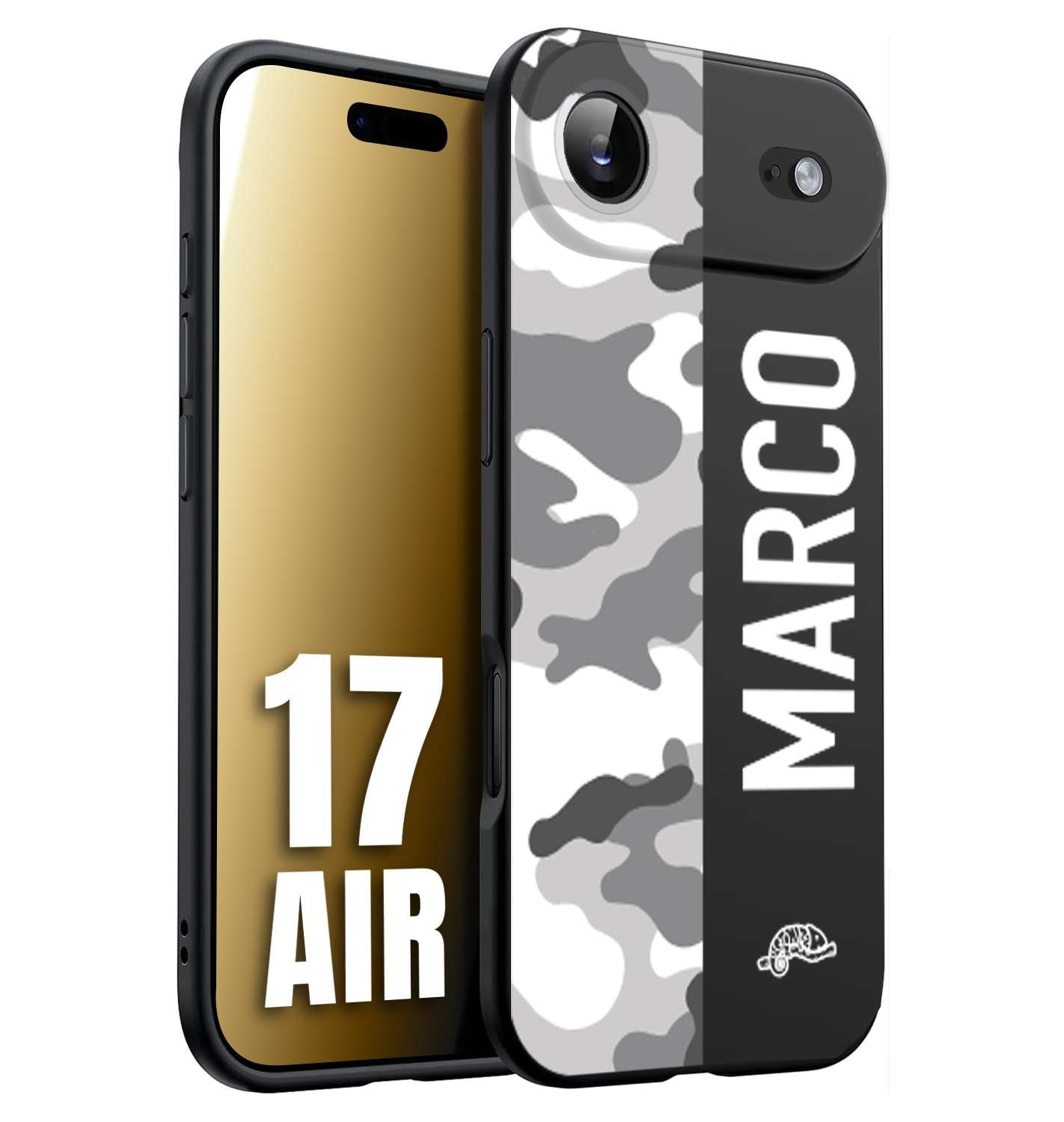 CUSTOMIZZA - Custodia cover nera morbida in tpu compatibile per iPhone 17 AIR camouflage mimetico militare personalizzata nome bianco