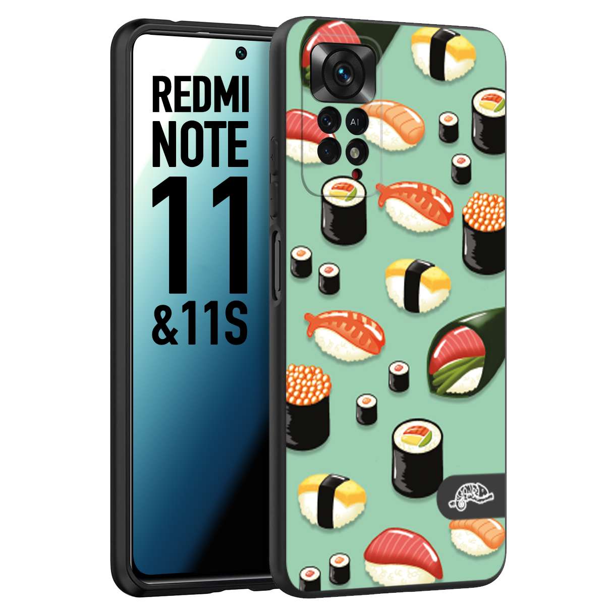 CUSTOMIZZA - Custodia cover nera morbida in tpu compatibile per Xiaomi Redmi Note 11 - Note 11S sushi disegni giapponese nighiri acquamarina verde