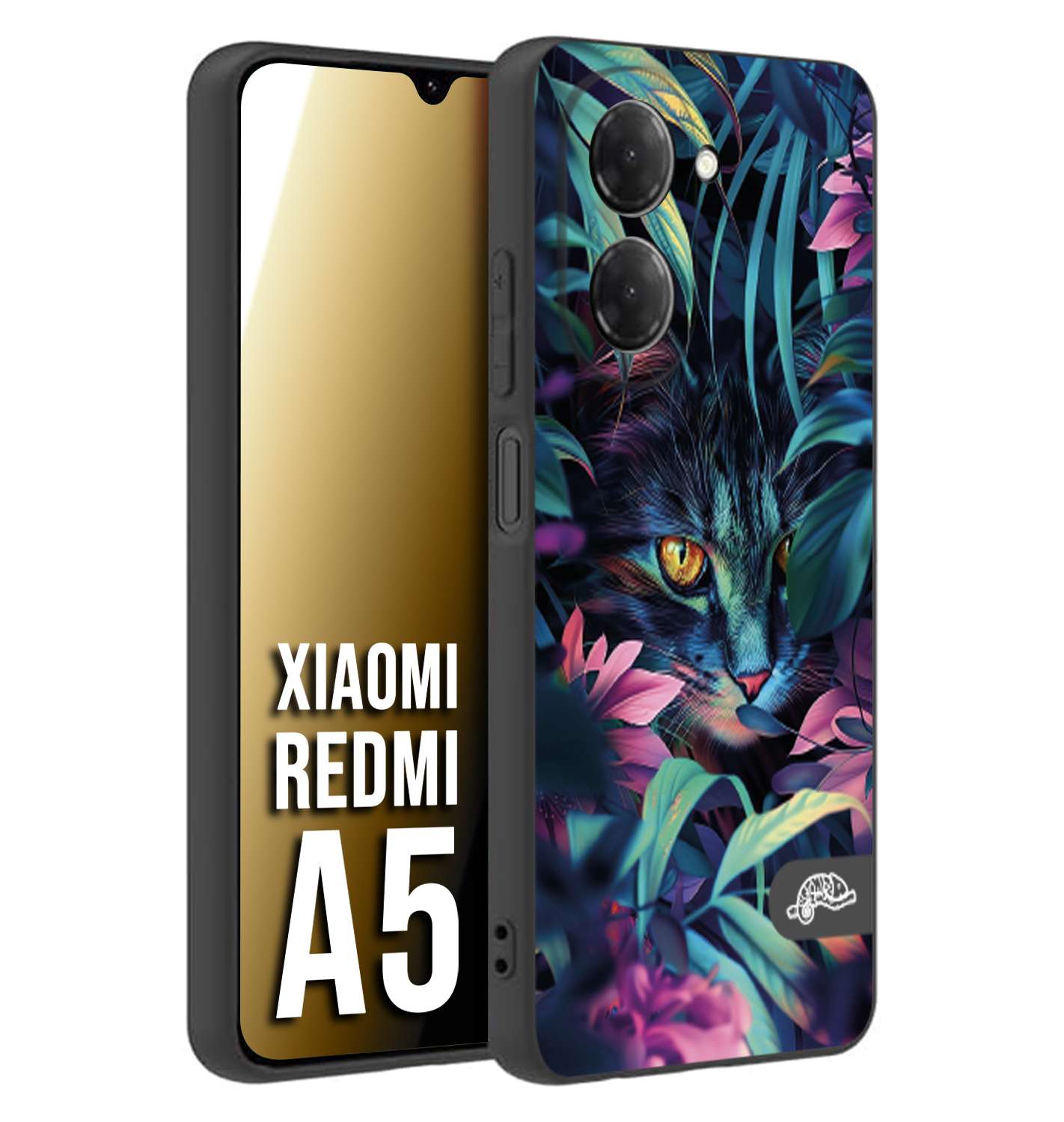 CUSTOMIZZA - Custodia cover nera morbida in tpu compatibile per Xiaomi Redmi A5 animali color giungla tropicale occhio di gatto colori vibranti disegnato