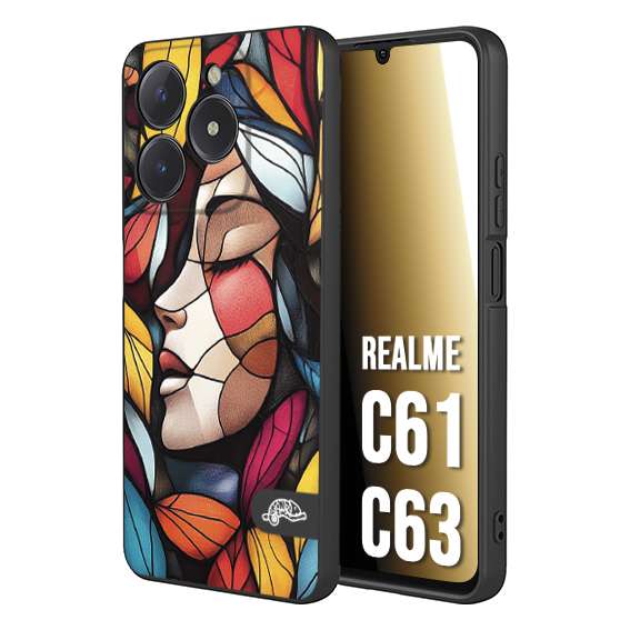 CUSTOMIZZA - Custodia cover nera morbida in tpu compatibile per Realme C61 - C63 Vetrata artistica volto di donna profilo fogliare mosaico di vetro colorato