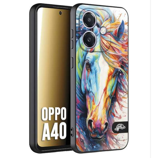 CUSTOMIZZA - Custodia cover nera morbida in tpu compatibile per Oppo A40 animali color cavallo horse viso colori vibranti disegnato schizzo