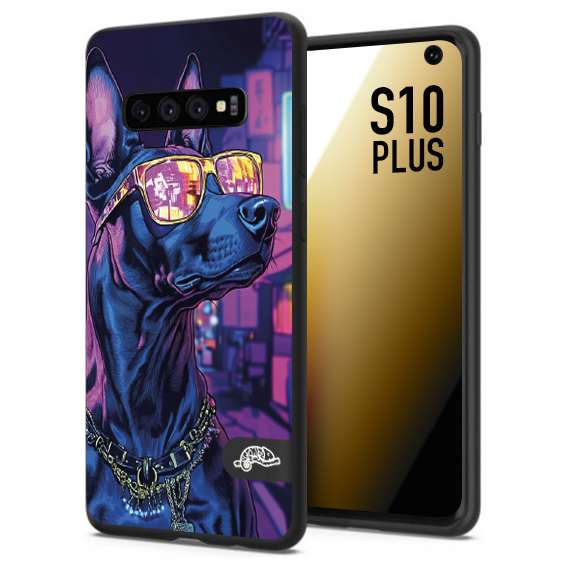 CUSTOMIZZA - Custodia cover nera morbida in tpu compatibile per Samsung S10 PLUS animali cyberpunk dobermann cane street dog fucsia blu night