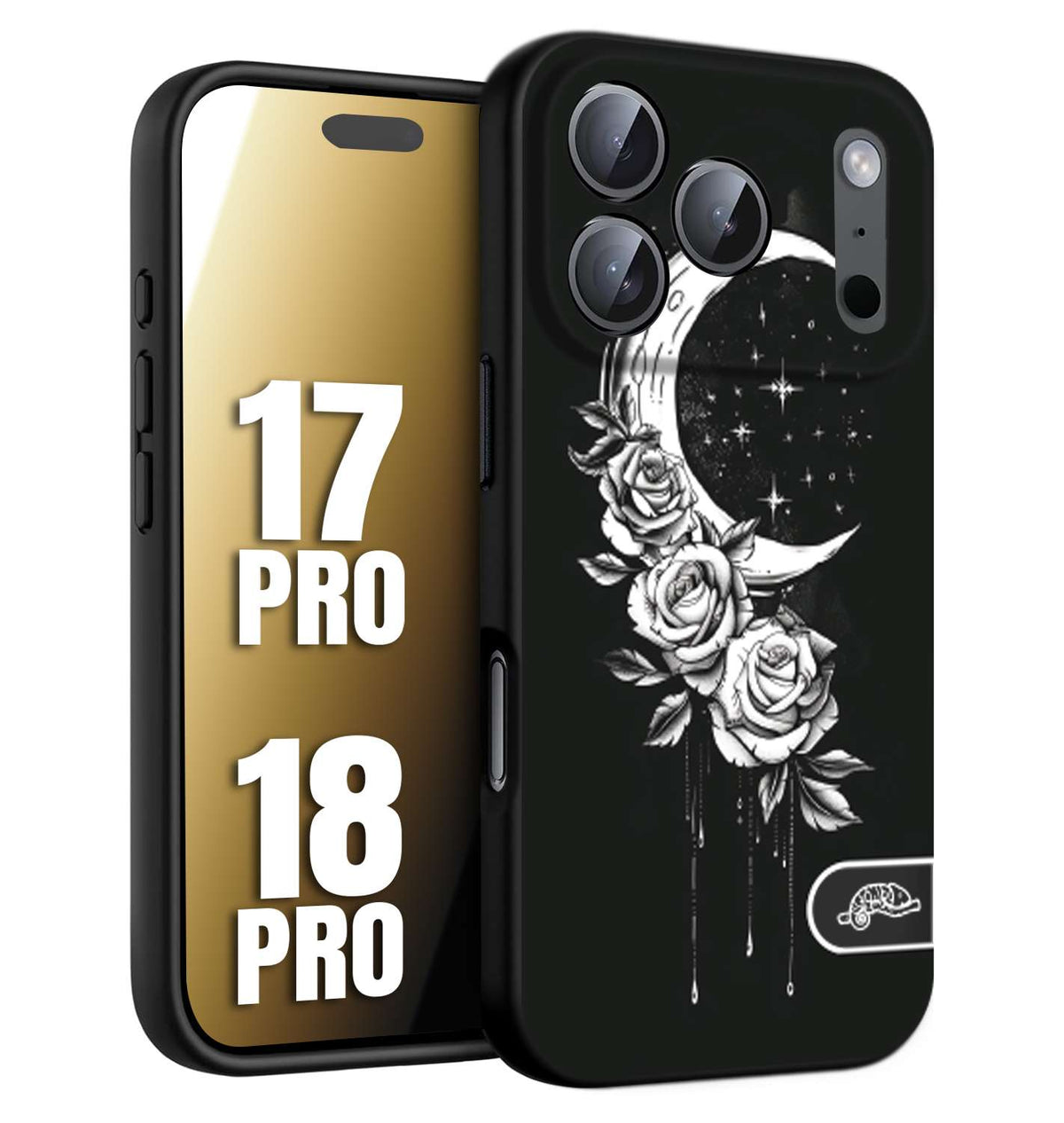CUSTOMIZZA - Custodia cover nera morbida in tpu compatibile per iPhone 17 PRO - 18 PRO luna e fiori moon flowers black and white bianco a rilievo disegnato