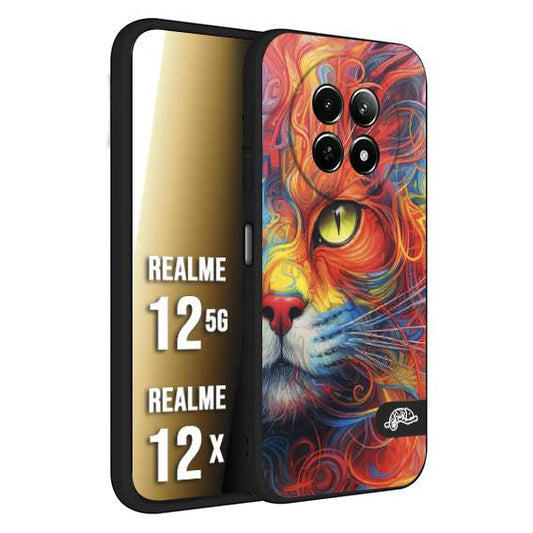 CUSTOMIZZA - Custodia cover nera morbida in tpu compatibile per Realme 12 5G - 12X animali color cat gatto viso colori vibranti disegnato schizzo