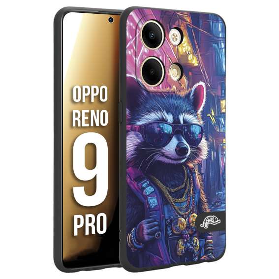 CUSTOMIZZA - Custodia cover nera morbida in tpu compatibile per Oppo Reno 9 PRO animali simpatici cyberpunk procione racoon street cat fucsia blu giallo