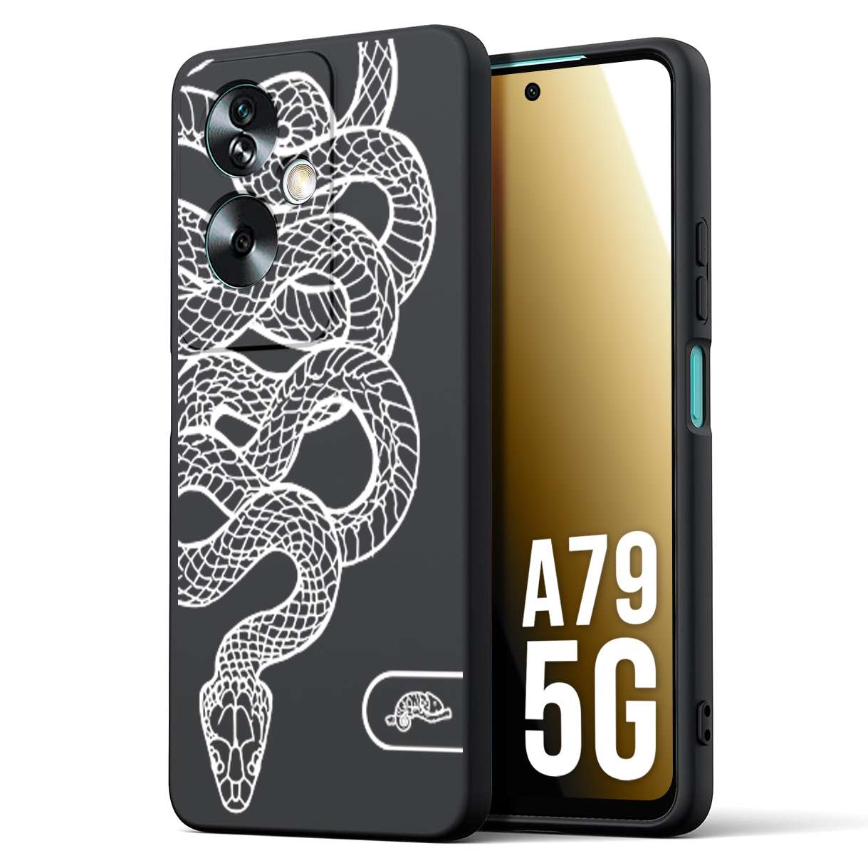 CUSTOMIZZA - Custodia cover nera morbida in tpu compatibile per Oppo A79 5G serpente snake bianco a rilievo disegnato tattoo tatuaggio