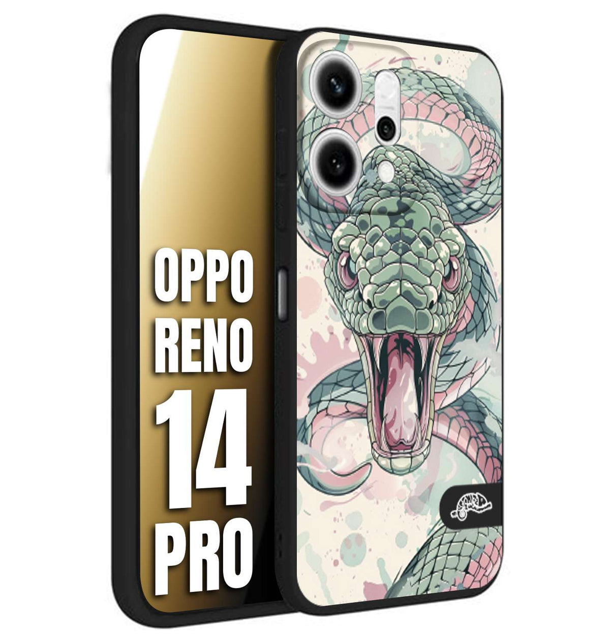 CUSTOMIZZA - Custodia cover nera morbida in tpu compatibile per Oppo Reno 14 PRO snake pink green serpente tatuaggio tattoo disegnato a mano