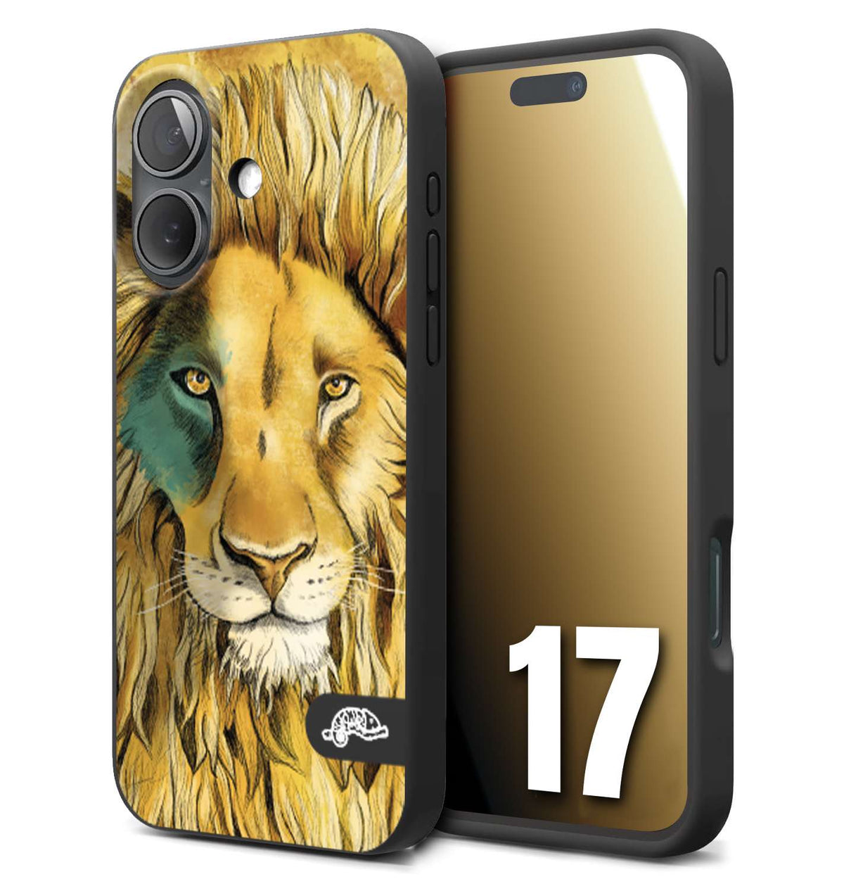 CUSTOMIZZA - Custodia cover nera morbida in tpu compatibile per iPhone 17 leone lion disegnato a mano giallo blu a rilievo artistico brown