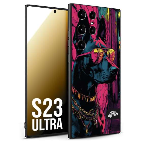 CUSTOMIZZA - Custodia cover nera morbida in tpu compatibile per Samsung S23 ULTRA animali cyberpunk dobermann cane street dog fucsia blu