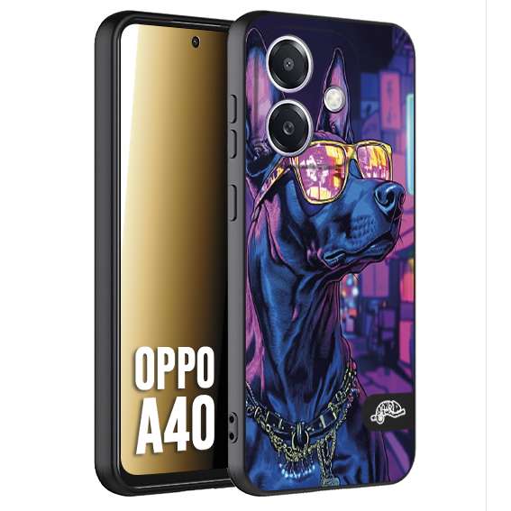 CUSTOMIZZA - Custodia cover nera morbida in tpu compatibile per Oppo A40 animali cyberpunk dobermann cane street dog fucsia blu night