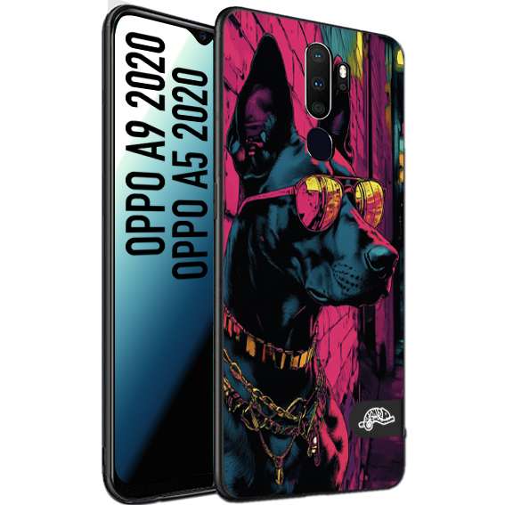 CUSTOMIZZA - Custodia cover nera morbida in tpu compatibile per Oppo A9 2020 - A5 2020 animali cyberpunk dobermann cane street dog fucsia blu