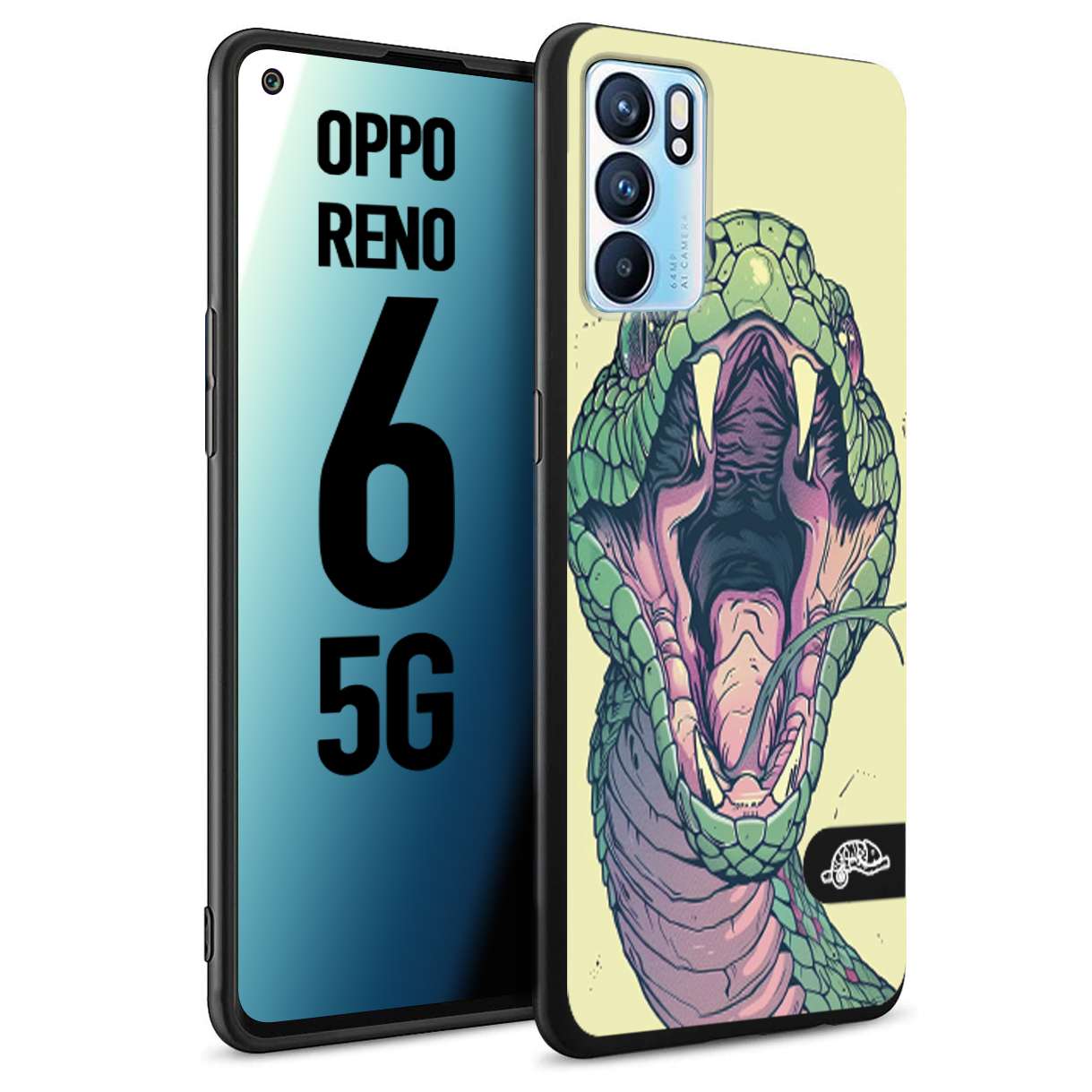 CUSTOMIZZA - Custodia cover nera morbida in tpu compatibile per Oppo Reno 6 5G snake yellow green serpente tatuaggio tattoo disegnato a mano
