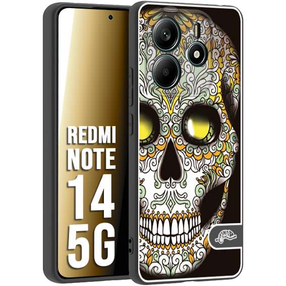 CUSTOMIZZA - Custodia cover nera morbida in tpu compatibile per Xiaomi Redmi Note 14 5G teschio messicano Mexican skull bianco verde giallo