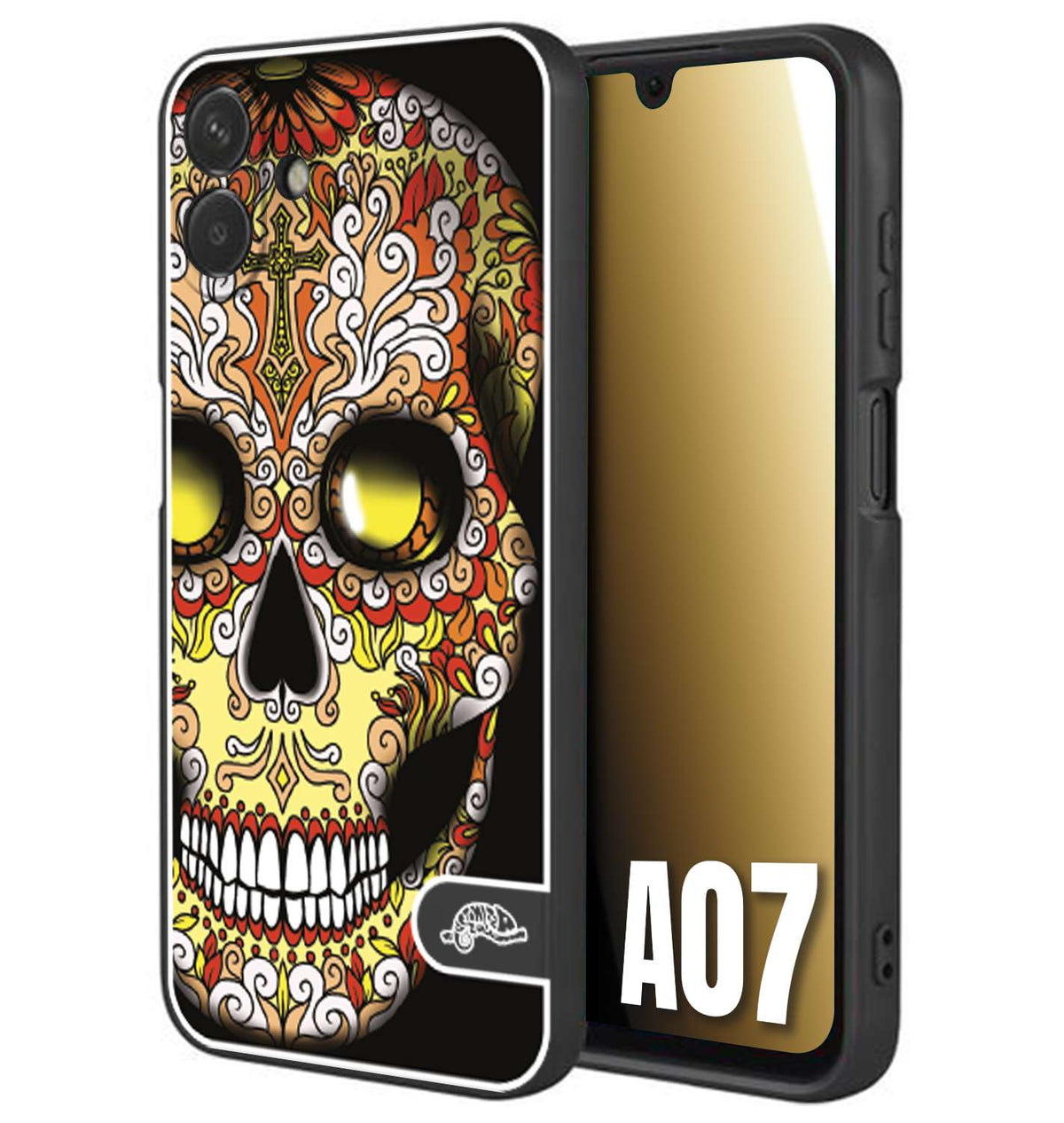 CUSTOMIZZA - Custodia cover nera morbida in tpu compatibile per Samsung A07 teschio messicano Mexican skull giallo rosso arancio