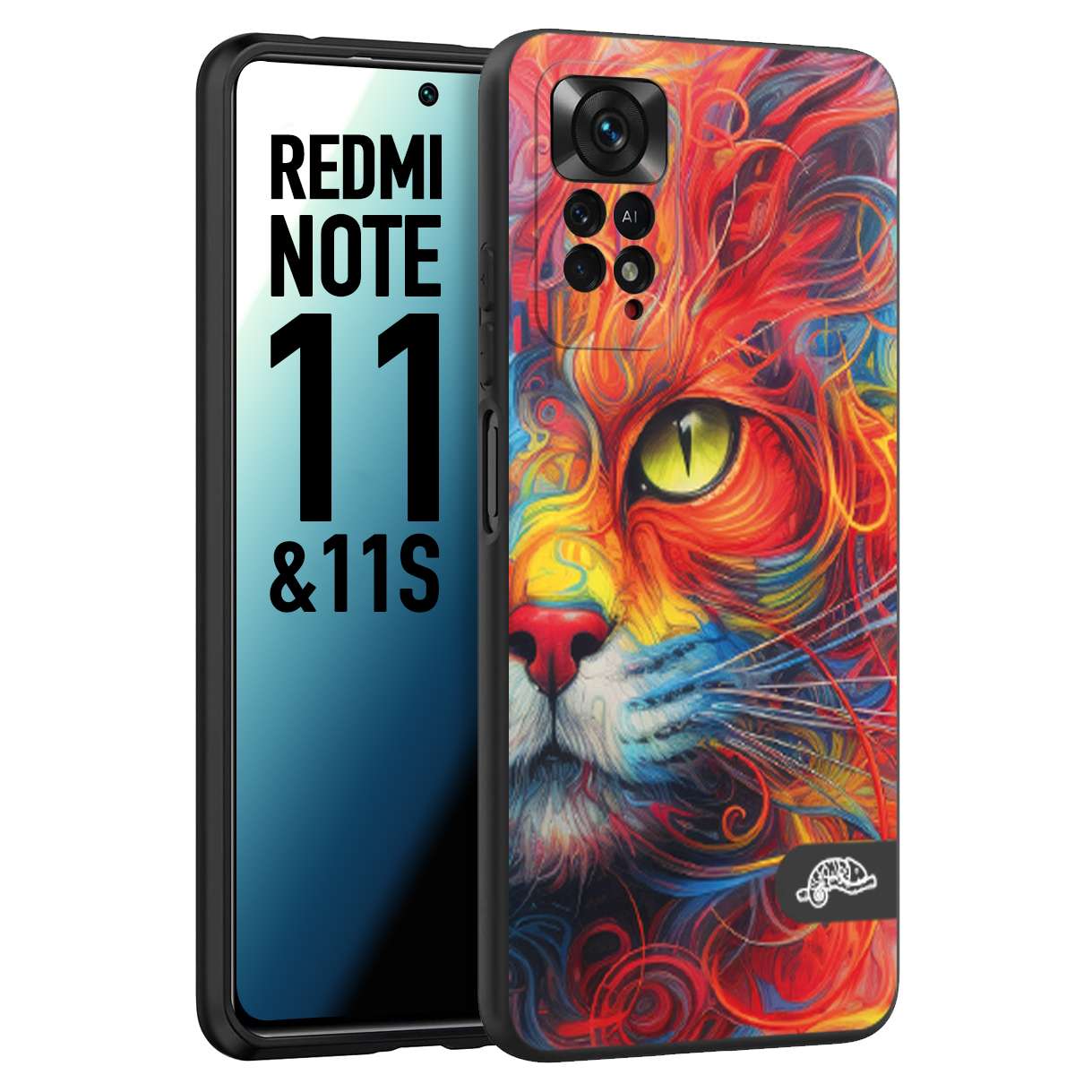 CUSTOMIZZA - Custodia cover nera morbida in tpu compatibile per Xiaomi Redmi Note 11 - Note 11S animali color cat gatto viso colori vibranti disegnato schizzo