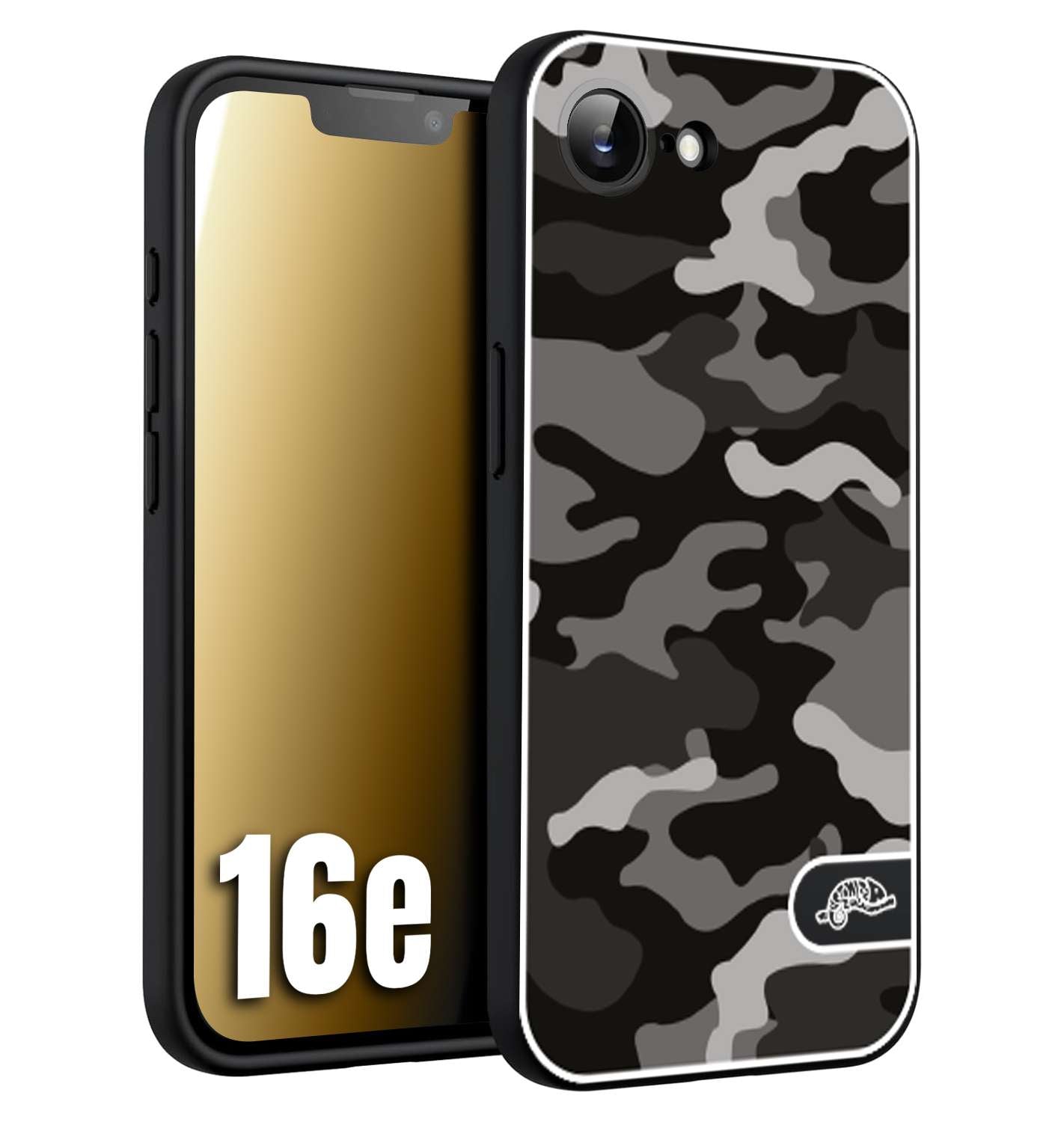 CUSTOMIZZA - Custodia cover nera morbida in tpu compatibile per iPhone 16E camouflage mimetico militare nero black grigio