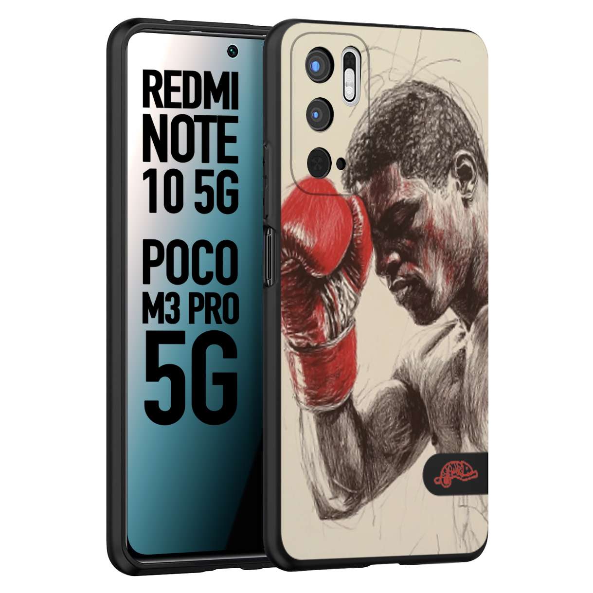 CUSTOMIZZA - Custodia cover nera morbida in tpu compatibile per Xiaomi Redmi Note 10 5G - Poco M3 Pro 5G pugilato pugili disegno tattoo guantoni boxer pesi massimi