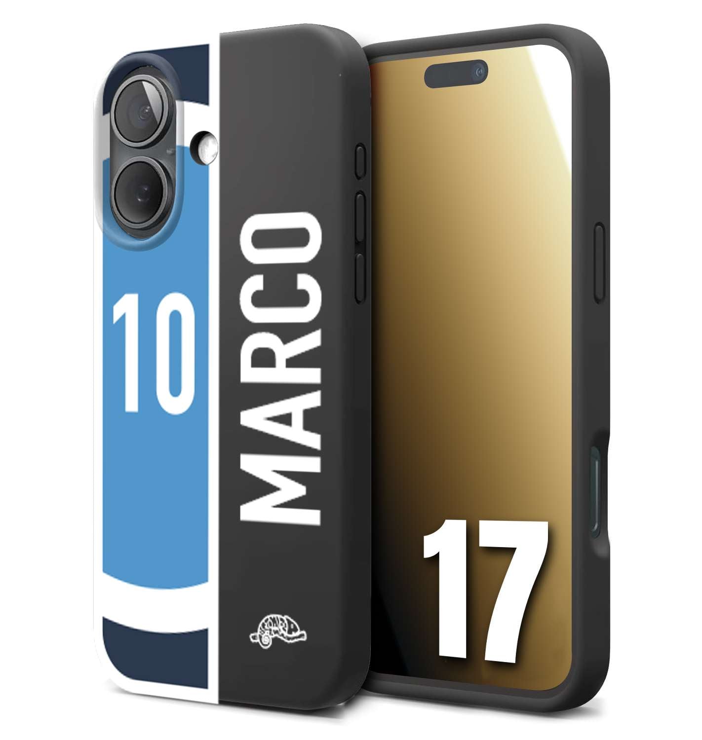 CUSTOMIZZA - Custodia cover nera morbida in tpu compatibile per iPhone 17 personalizzata calcio football nome e numero calciatori biancoazzurri bianco celesti