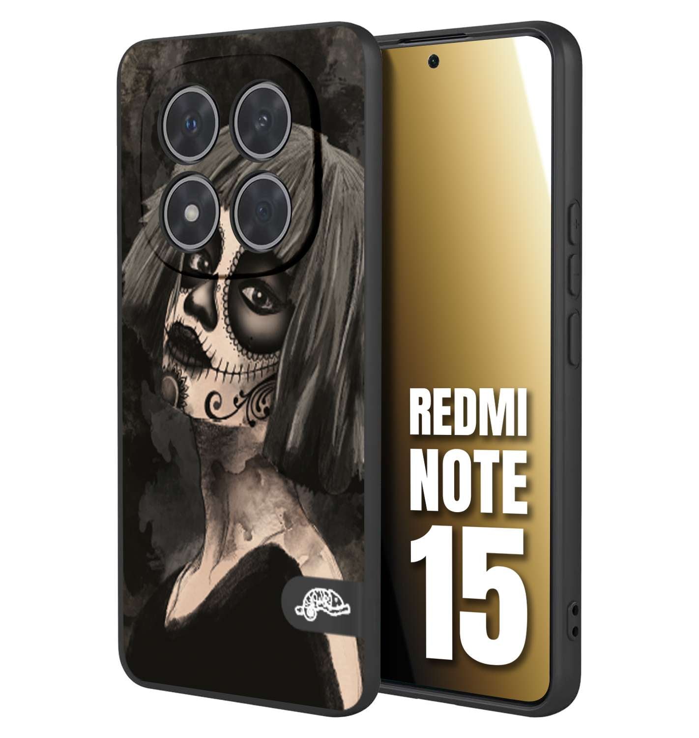 CUSTOMIZZA - Custodia cover nera morbida in tpu compatibile per Xiaomi Redmi Note 15 chicana messicana dea de la muerte donna santa tattoo disegnata
