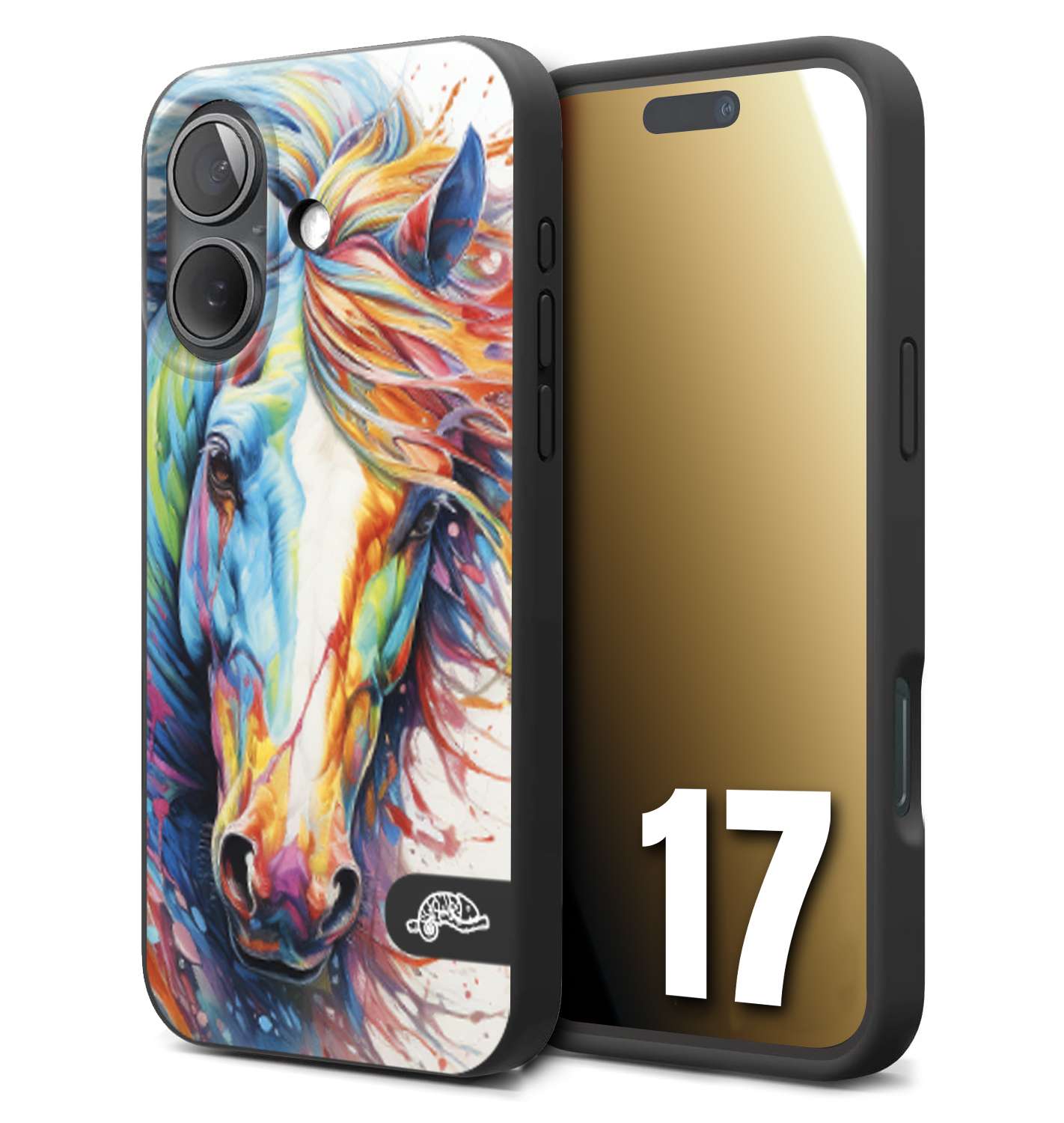 CUSTOMIZZA - Custodia cover nera morbida in tpu compatibile per iPhone 17 animali color cavallo horse viso colori vibranti disegnato schizzo
