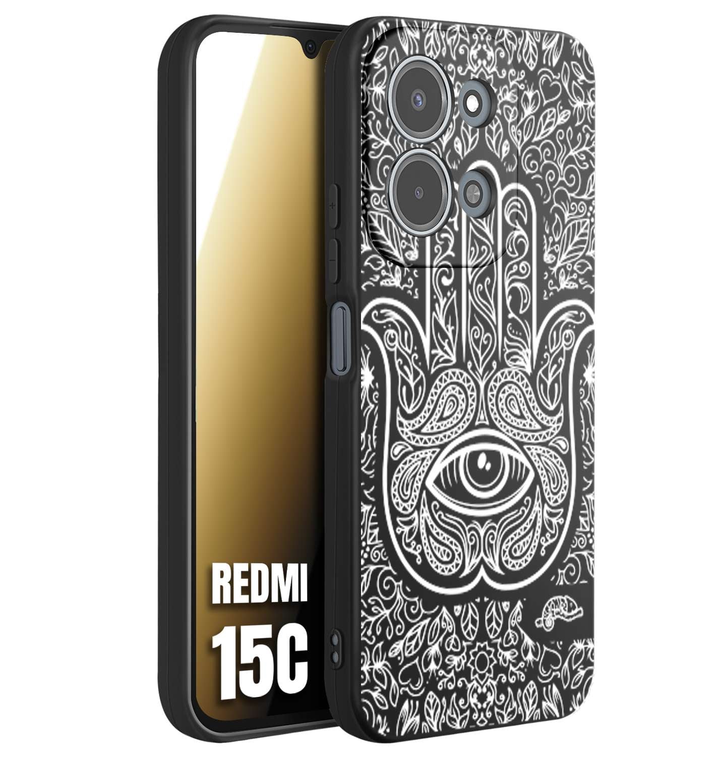 CUSTOMIZZA - Custodia cover nera morbida in tpu compatibile per Xiaomi Redmi 15C mano di fatima effetto rilievo mandala donna