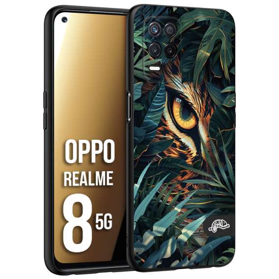 CUSTOMIZZA - Custodia cover nera morbida in tpu compatibile per Realme 8 5G animali color giungla tropicale occhio di giaguaro felino disegnato
