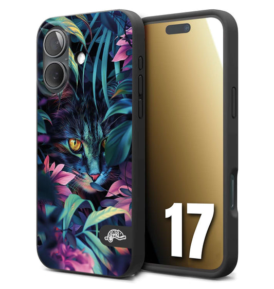 CUSTOMIZZA - Custodia cover nera morbida in tpu compatibile per iPhone 17 animali color giungla tropicale occhio di gatto colori vibranti disegnato