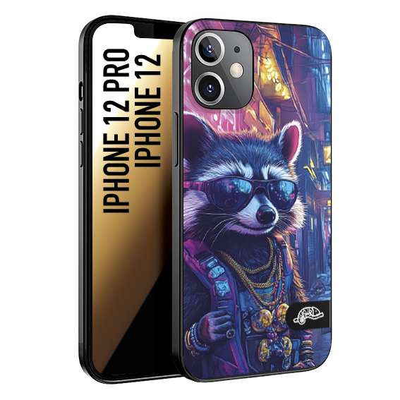 CUSTOMIZZA - Custodia cover nera morbida in tpu compatibile per iPhone 12 - 12 PRO animali simpatici cyberpunk procione racoon street cat fucsia blu giallo