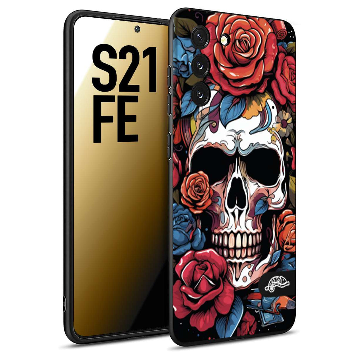 CUSTOMIZZA - Custodia cover nera morbida in tpu compatibile per Samsung S21 FE teschio skull flowers fiori rose rosse tattoo disegnato