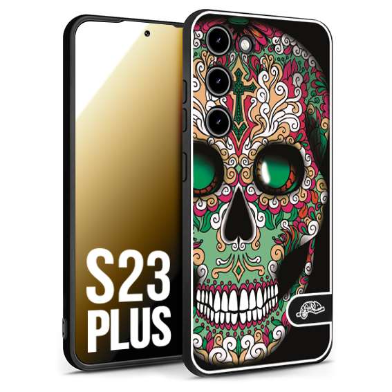 CUSTOMIZZA - Custodia cover nera morbida in tpu compatibile per Samsung S23 PLUS teschio messicano Mexican skull verde fucsia