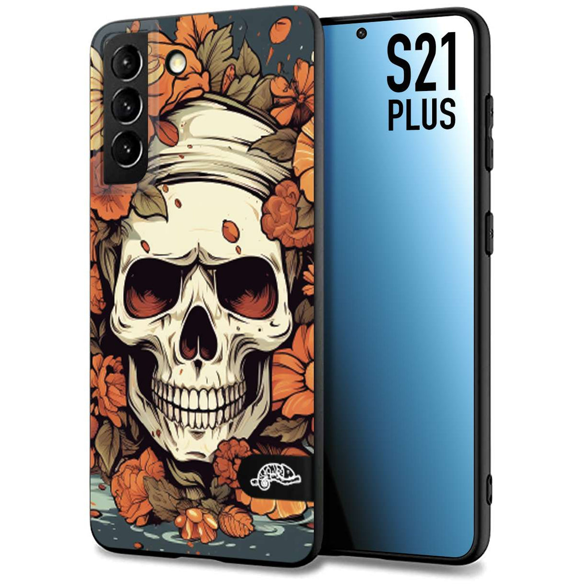 CUSTOMIZZA - Custodia cover nera morbida in tpu compatibile per Samsung S21 PLUS teschio skull flowers fiori tattoo disegnato alta definizione
