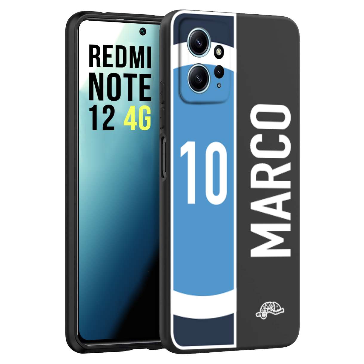 CUSTOMIZZA - Custodia cover nera morbida in tpu compatibile per Xiaomi Redmi Note 12 4G personalizzata calcio football nome e numero calciatori biancoazzurri bianco celesti