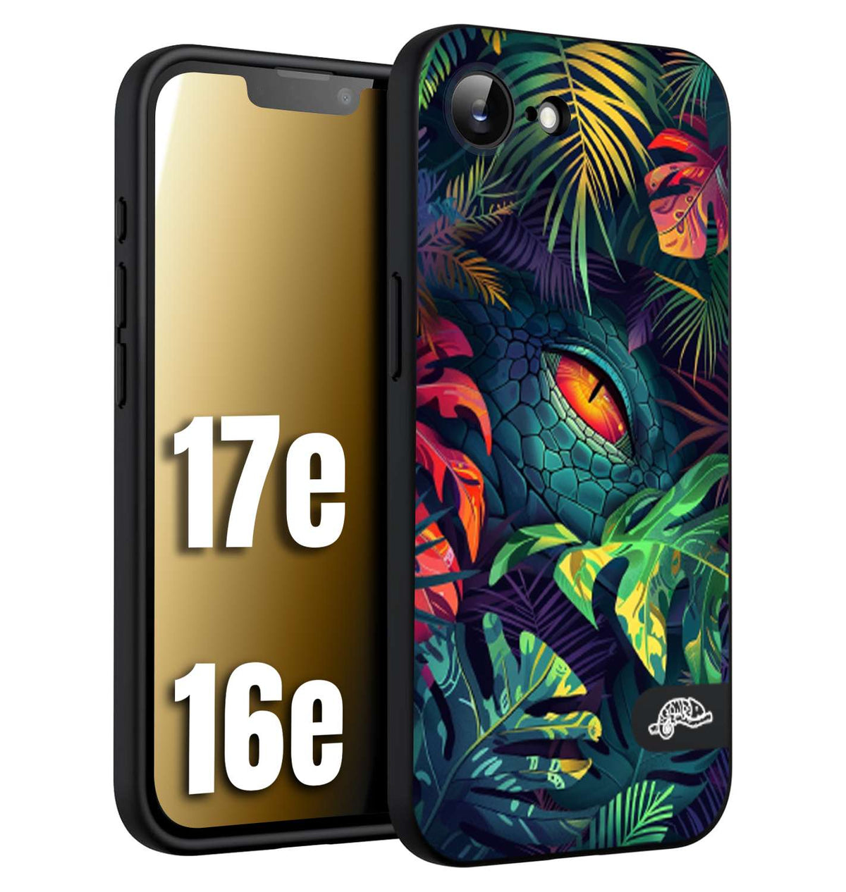 CUSTOMIZZA - Custodia cover nera morbida in tpu compatibile per iPhone 16E - 17E animali color giungla tropicale occhio di coccodrillo alligatore disegnato