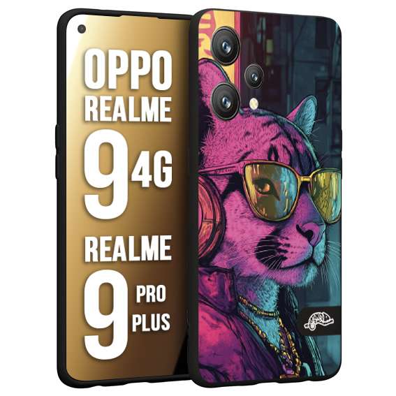 CUSTOMIZZA - Custodia cover nera morbida in tpu compatibile per Realme 9 4G - 9 PRO PLUS animali cyberpunk pantera street cat fucsia blu giallo